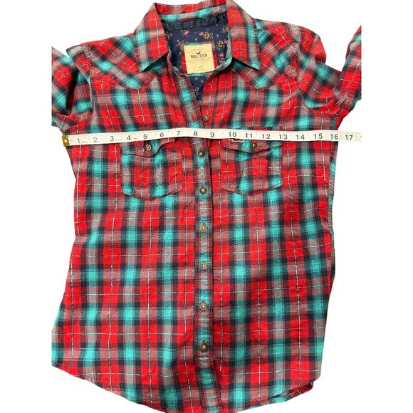 Hollister Red Blue Plaid Shirt Silver Thread Y2K Top Button-Up Womens Size XS - Picture 4 of 6